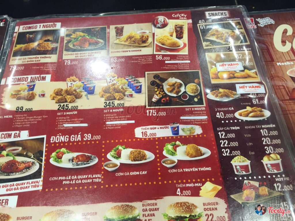 thực đơn KFC ở Việt Nam